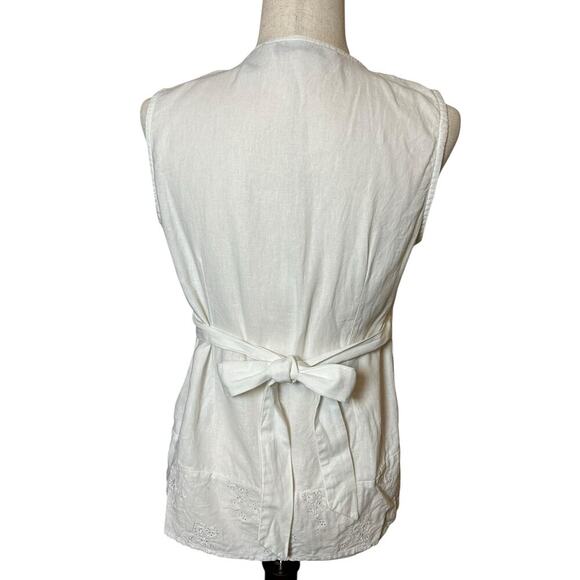 Mandarine Blue Linen White Eyelet Pin Tuck Top Medium Cottagecore Coastal - Picture 2 of 11